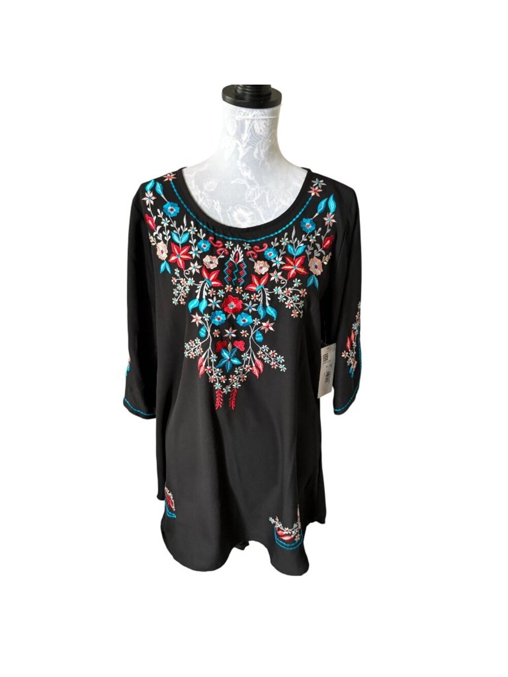 Scully Womens Embroidered Top Shirt Long Sleeve Floral Black Xlarge NWT